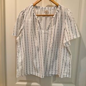 Madewell White and Black Tied Neck Tunic top with puff sleeves and rope accents